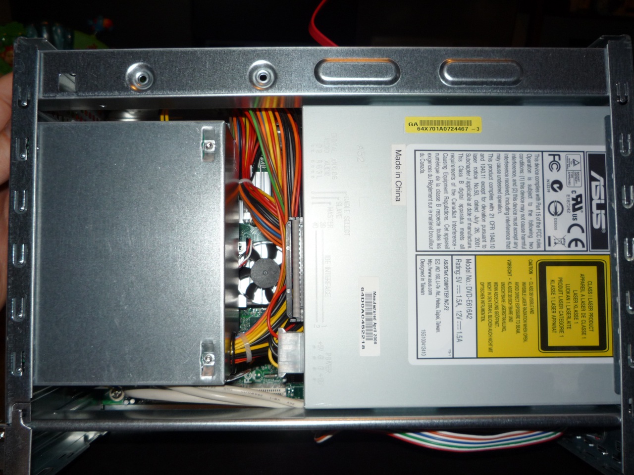 Top view of the case with its power supply and DVD drive